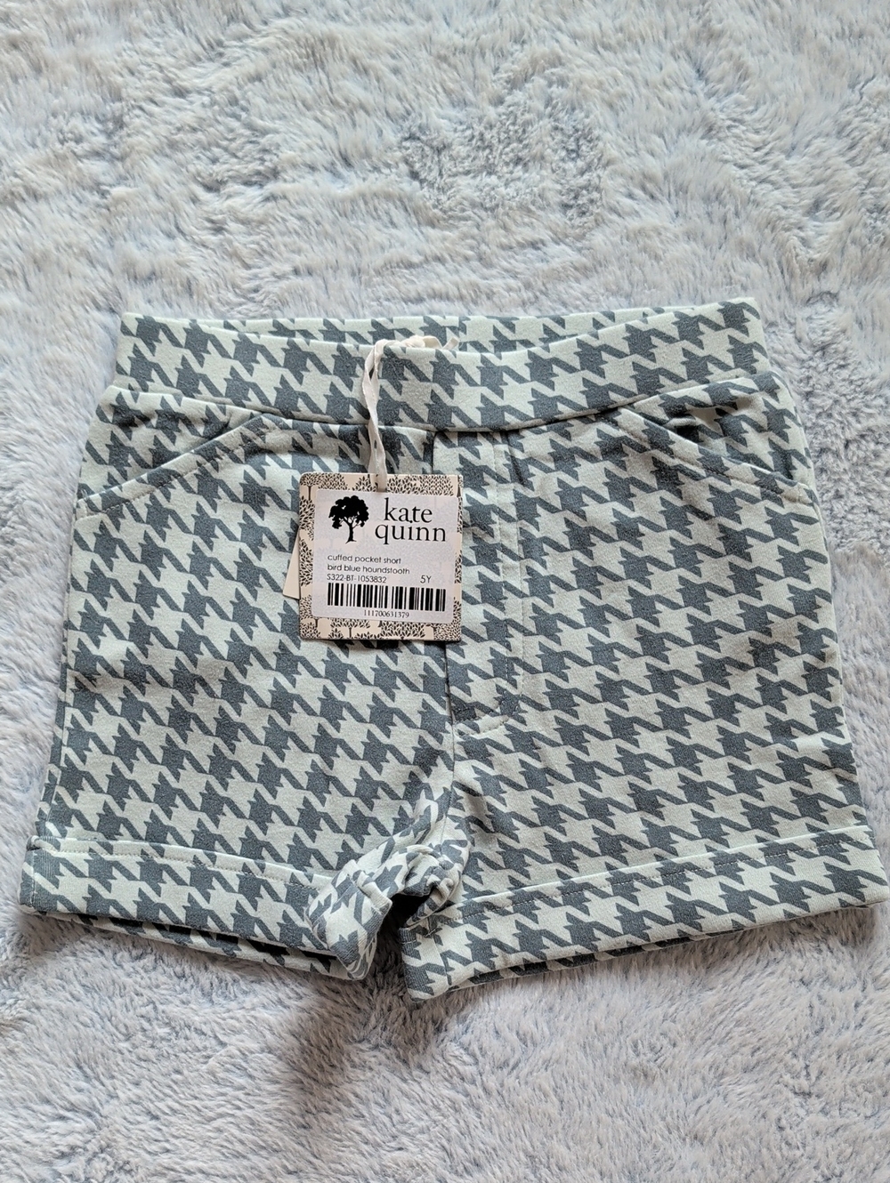 NWT 5Y Kate Quinn Organics Cuffed Pocket Shorts Bird Blue Houndstooth Cotton